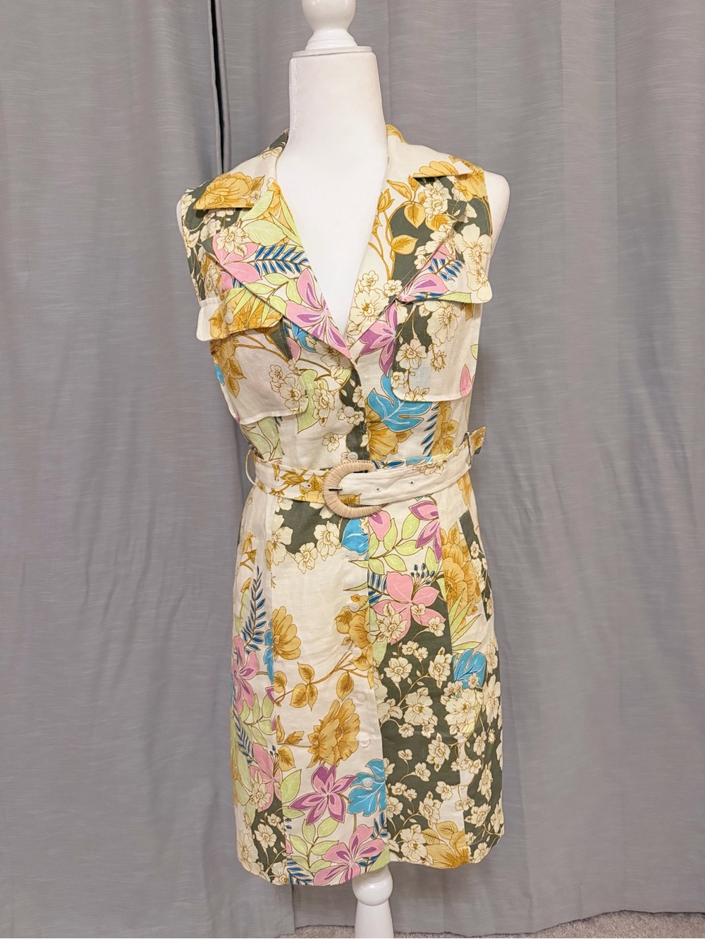 Guess Sleeveless Floral Belted Mini Dress in Cream, Pink, Blue and Mustard